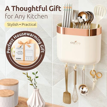 COZYTO LuxTray U1-Pro Wall Mounted Utensil Holder – Kitchen Organizer with Hooks, Dividers & Drain Tray, No-Drill Adhesive Wall Mount Storage, BPA-Free (Cream White & Rose Gold) - color: Cream White & Rose Gold