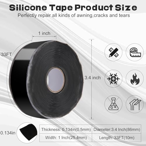Self Fusing Silicone Tape,Rescue Tape,Self Amalgamating Tape,for Plumbing,Sealing Pipes,Wire Harness Wrapping,Hose Repair Stop Water Leak,Automotive,ElectricalCables,1" x 33',Black