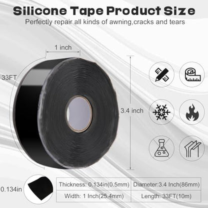 Self Fusing Silicone Tape,Rescue Tape,Self Amalgamating Tape,for Plumbing,Sealing Pipes,Wire Harness Wrapping,Hose Repair Stop Water Leak,Automotive,ElectricalCables,1" x 33',Black