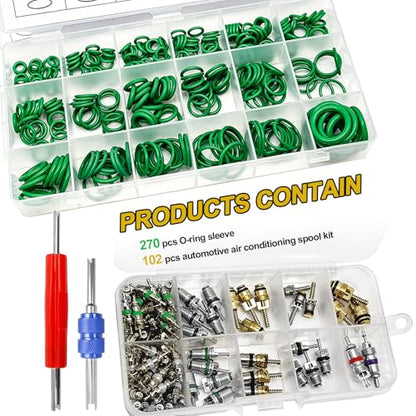 Car A/C Repair Kit, 270PCS O-Ring Set + 102PCS Car Air Conditioner Valve Core Kit with Double Head Install Tool, A/C R12 R134a Refrigeration Tire Valve Stem Cores, O-Ring Seals Kit