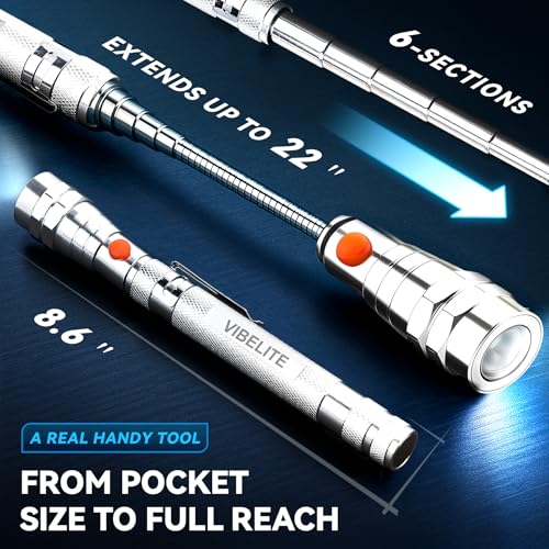VIBELITE Extendable Magnetic Flashlight with Telescoping Magnet Pickup Tool-Cool Gadget Gifts for Men, Women, Him, Teen Boys, Husband, Dad, Father, Mechanic, Birthday Gifts for Men, Silver - style: Sliver Magnetic Tool