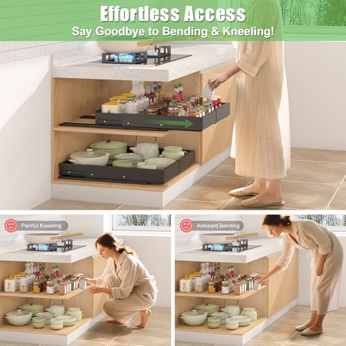 1 Pcs Pull Out Drawers for Cabinets Organizer Expandable Width(11.8"-19.4"), Depth(16.45"-21.7") With 3 Rails, No Drill Roll Out Drawer, Adhesive Sliding Drawers (Black) - color: Black