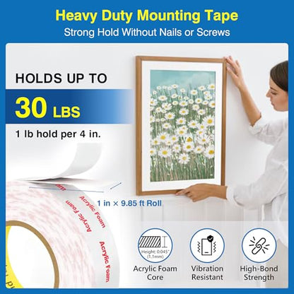 Tapsi Heavy Duty Double Sided Mounting Tape 1" x 9.85FT – Acrylic Foam Tape with 10 Adhesion Promoter Wipes, Waterproof Removable Adhesive for Car Trim, LED Strips, Pictures & Signs