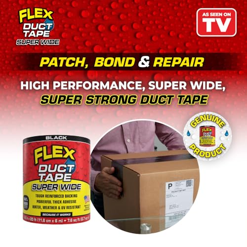 Flex Duct Tape, Super Wide, 4.6 Inches x 20 Feet, Black, Heavy Duty Strong, Multi-Surface, Water, Weather and UV Resistant, Tearable, Perfect for Boxes, No Residue - color: Black, size: 4.6" x 20'