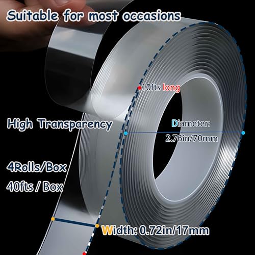 Valley'sYuMiao 4Rolls, Nano Double Sided Mountinging Tape, Adhesive-self Heavy Duty Tape, 2 Sides Sticky Tack Tape, 0.7in×10fts, 40fts Total Long - size: 4Rolls, 0.7″,40fts TL