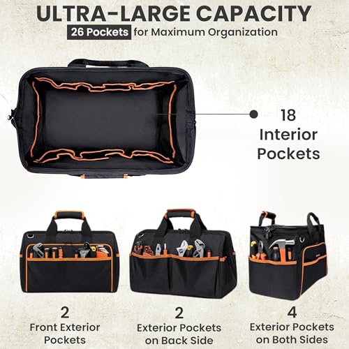 Electrician Tool Bag, 26-Pocket, 17-Inch, Potable Tool Box Organizer with Wide Mouth Opening & Padded Shoulder Strap, Water Resistant Heavy Duty Bag for Mechanics, Contractors, Plumber & Craftsmen