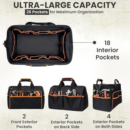 Electrician Tool Bag, 26-Pocket, 17-Inch, Potable Tool Box Organizer with Wide Mouth Opening & Padded Shoulder Strap, Water Resistant Heavy Duty Bag for Mechanics, Contractors, Plumber & Craftsmen