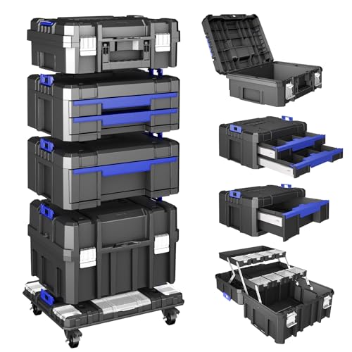 4 Tier Stackable Rolling Tool Box with Wheels | Modular Tool Organizer Box Storage System | Portable Tool Box with Drawers | Tough and Durable | for Garage Storage | Home Repairs | Professional Work - style: 4 Tier Stackable Tool Box