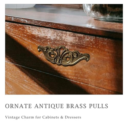 4-Pack Antique Brass Bail Drawer Pulls, 3-3/8" Hole Centers, Vintage Cabinet Handles for Dresser, Cupboard, Wardrobe