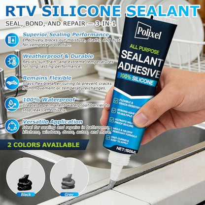 Gray RTV Silicone Sealant Adhesive – 100% Waterproof Caulk for Bathroom, Kitchen, Automotive, Windows & Plumbing Shrink & Crack Proof, Flexible, Strong Adhesion – 5oz / 150g - color: GRAY