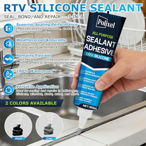 Black RTV Silicone Sealant Adhesion – 100% Silicone Caulk, Waterproof & Flexible Caulk for Car, Bathroom, Kitchen, Window & Plumbing – High Temperature, Strong Adhesion – 5oz/150g - color: BLACK
