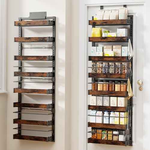 8 Tier Over The Door Pantry Organizer, 2 IN 1 Wall Mount or Metal Hanging Spice Rack for Pantry Organizers and Storage, Seasoning Shelves，Adjustable Basket with Hooks for Kitchen Cabinet and Closet - size: 8 Tier