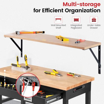 ENJOYWOOD 48" x 24" Heavy Duty Workbench Adjustable Height Garage Work Table with Solid Rubberwood Top, Drawer & Power Outlets for Workshop, Home & Office - size: X-Small