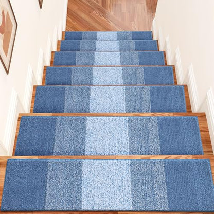 OLANLY Stair Treads Non Slip 15PCS, 8" x 30" Indoor Stair Runners for Wooden Steps, Edging Stair Rugs with Reusable Peel and Stick Adhesive for Kids Elders and Pets, Light Blue - color: Light Blue