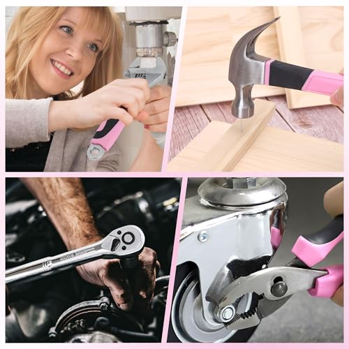 FASTPRO 198-Piece Pink Tool Set, Household Repairing Tool Set with Toolbox, SAE Mechanics Hand Tool Kit for DIY, Home Maintenance