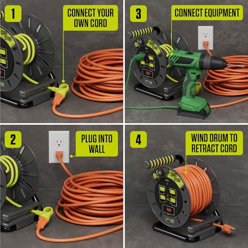 Masterplug 3ft Cord Reel, Retractable Extension Lead with Winding Handle, Safety Overload Circuit Breaker and Power Switch, 4x Grounded Outlets, 13amps, 14AWG Cable - size: 3 ft