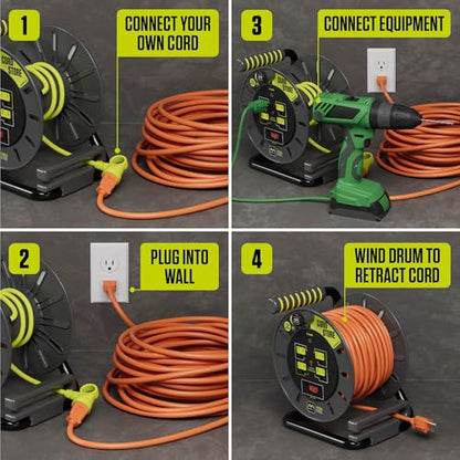 Masterplug 3ft Cord Reel, Retractable Extension Lead with Winding Handle, Safety Overload Circuit Breaker and Power Switch, 4x Grounded Outlets, 13amps, 14AWG Cable - size: 3 ft