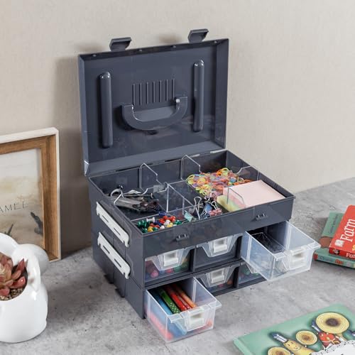 MyGift 11 Inch Classic Gray Tools Hardware and Screw Parts Storage Organizer Case with White Accents, 24 Customizable Compartments, 6 Drawers Removable Dividers - color: Dark Gray