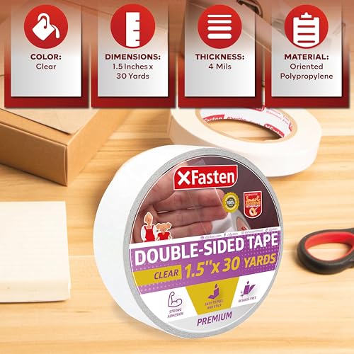 XFasten Double Sided Tape Clear, Removable, 1.5-Inch by 30-Yards, Single Roll Ideal as a Gift Wrap Tape, Holding Carpets, and Woodworking - size: 1.5 Inch X 30 Yards