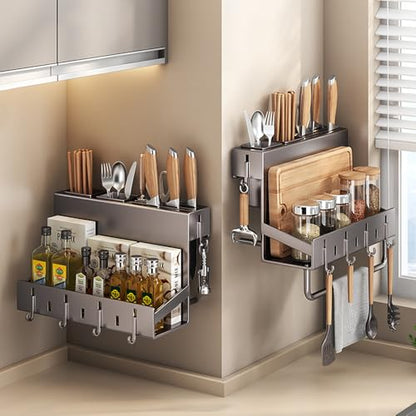 Multifunctional Wall-Mounted Knife Holder Kitchen Utensils Holder Spice Storage Organizer Rack for Knives, Spoons, Chopsticks, Towels, Pot Lids, Spice Jars (White) - color: White