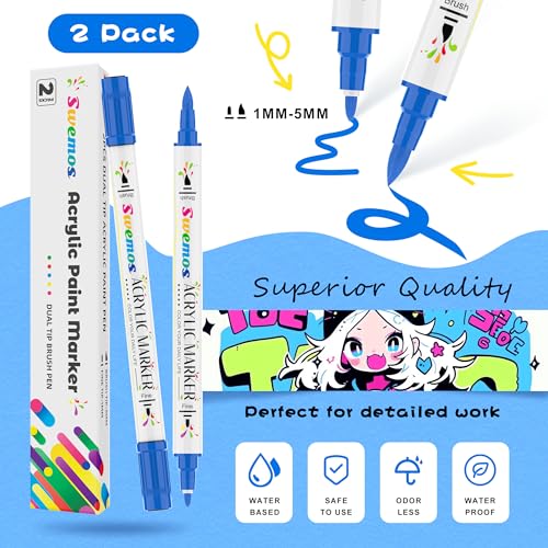 Swemos 2Pcs Blue Acrylic Paint Pens Markers, Dual Tip with Fine Tip and Brush Tip Pens Acrylic Paint Markers Waterproof Acrylic Markers Set for Rock, Canvas Stone, Wood, Glass, Metal (BLUE, 2) - style: BLUE