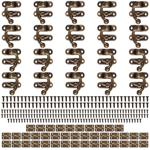 20 Sets Small Box Hinges Antique Vintage Lock Clasp Right Latch Hook Hasp Vintage Bronze Hinge with Matching Screws Kit for Decorative Small Wooden Box Cabinet Suitcase and DIY Handicrafts