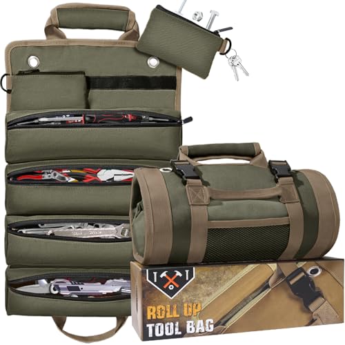 QcoQce Heavy Duty Oxford Tool Roll, Waterproof Durable Tool Bag with 6 Pockets, Tool Organizer for Garage, Vehicle Maintenance, Home Repairs, Portable Roll Up Tool Bag Gift for Men - color: Army Green