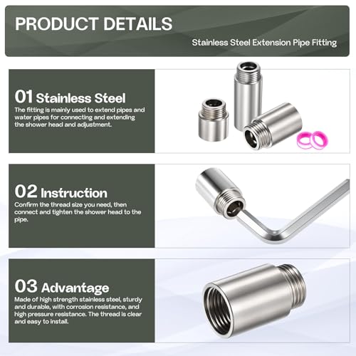 Shower Head Extension Arm, 304 Stainless Steel G1/2 Male to Female Thread 40mm/1.57" Length Extender Pipe Fitting Nipple for Showers, Faucets, and Plumbing with PTFE Thread Seal Tape 3 Pack - size: 40mm/1.57"
