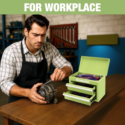 WORKPRO Metal Mini Tool Box, Top Tool Chest containing Two Drawers with Ball Bearing Slides, PVC Drawer Liners and PP Feet Pads, Durable Cold Rolled Steel Small Toolbox for Multi-Purpose Storage - color: Macaron Green