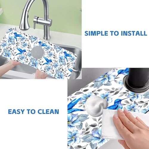Blue Floral and Hummingbird Dish Drying Mat for Kitchen Sink Splash Guard Behind Faucet Sink Mat Absorbent Fast Drying Faucet Draining Mat for Bathroom Kitchen 5.5"×15" - size: 15" x 5.5"