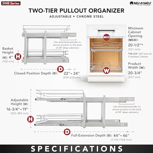 Rev-A-Shelf 2 Tier Kitchen Cabinet Pullout Shelf and Drawer Organizer Slide Out Pantry Storage Basket in Multiple Sizes, 21 x 22 In, 5WB2-2122CR-1 - size: 21" W X 22"d, style: Two Tier