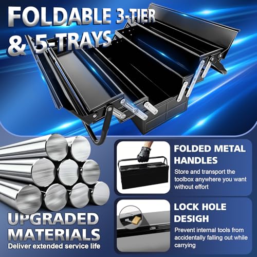 Metal Cantilever Tool Box, 3-Tier 5 Tray Fold Out Steel Tool Box with Handle, 22 inch Stack-able Portable Tool Storage Box Organizers Tool Chest for Household Factory Warehouse Repair Shop
