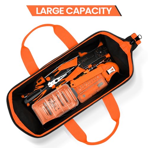 Tool Bag, Large Tool Organizer Bag with 18 Pockets,15.7x 11.4x 9.8 inch, Heavy Duty 600D Fabric, Black and Orange - size: 14.2inch