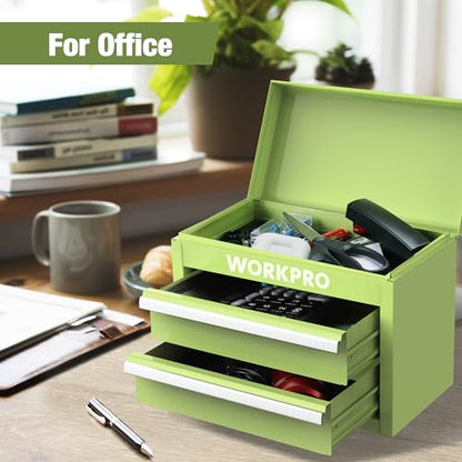 WORKPRO Mini Metal Tool Box with 2 Drawers and Top Storage, Small Tool Chest with PVC Liners and PP Feet Pads, Cold Rolled Steel Toolbox with Magnetic Tab - color: Macaron Green