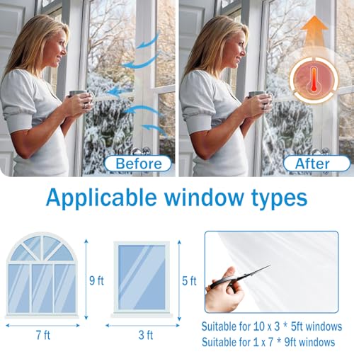 Window Insulation Kit, 63 × 394 Inch and 87 x 110 inch Plastic Window Covering for Winter, Window Insulation Film Window Wrap Insulation Windows Winterizing Kit with Double-Sided Tape - size: 63 × 394 Inch and 87 x 110 inch