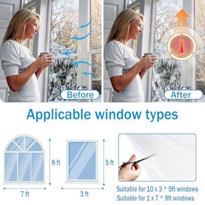 Window Insulation Kit, 63 × 394 Inch and 87 x 110 inch Plastic Window Covering for Winter, Window Insulation Film Window Wrap Insulation Windows Winterizing Kit with Double-Sided Tape - size: 63 × 394 Inch and 87 x 110 inch