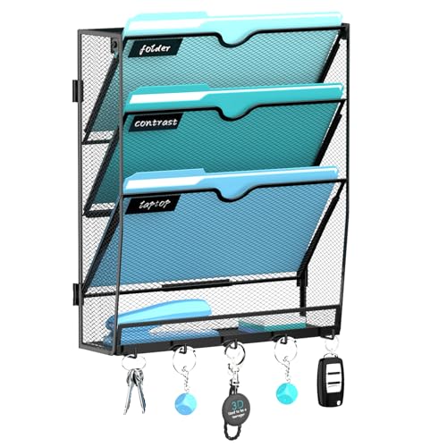 Wall File Organizer - Hanging File Organizer with 5 Hooks, Mail Holder Wall Mounted for Papers, Folders, Magazines, Bills, 4 Tier Office&School Organization, Black - size: 4 Tier-Black