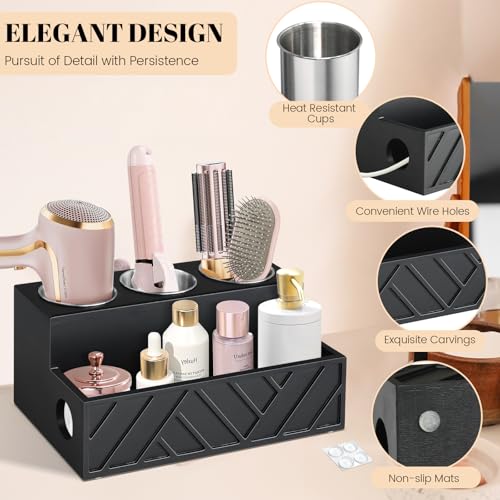 Unistyle Hair Tool Organizer, Wall Mounted, Bathroom Countertop, Vanity Organizer, Black, Wooden, Rectangular, Rustic, Art, 7.1 x 5.3 x 5.3 Inches, Paulownia Wood & Stainless Steel, 1.87 Pounds - color: Carving-Black