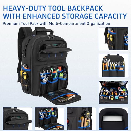 Backpack Tool Bag with Movable Base Plate, Heavy Duty Tool Storage with Removable Tool Organizer, Durable Water Resistant for Electricians & Home Repair-Version 4.0- Black&Blue - color: Black&Blue