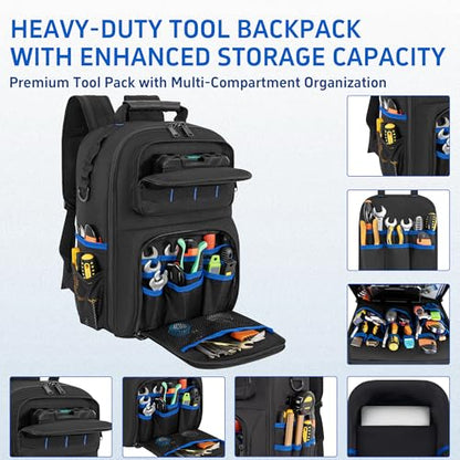 Backpack Tool Bag with Movable Base Plate, Heavy Duty Tool Storage with Removable Tool Organizer, Durable Water Resistant for Electricians & Home Repair-Version 4.0- Black&Blue - color: Black&Blue