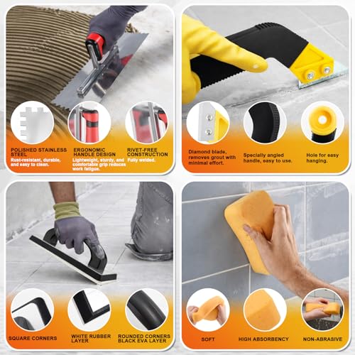 23 Pcs Tile & Grout Tool Sets, Silicone Caulking Remover Tools Stainless Steel Notch Trowel Molded Rubber Grout Float 6 Sponge Angled Tile Saw with 3 Blades for Floor Wall Installation