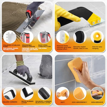 23 Pcs Tile & Grout Tool Sets, Silicone Caulking Remover Tools Stainless Steel Notch Trowel Molded Rubber Grout Float 6 Sponge Angled Tile Saw with 3 Blades for Floor Wall Installation
