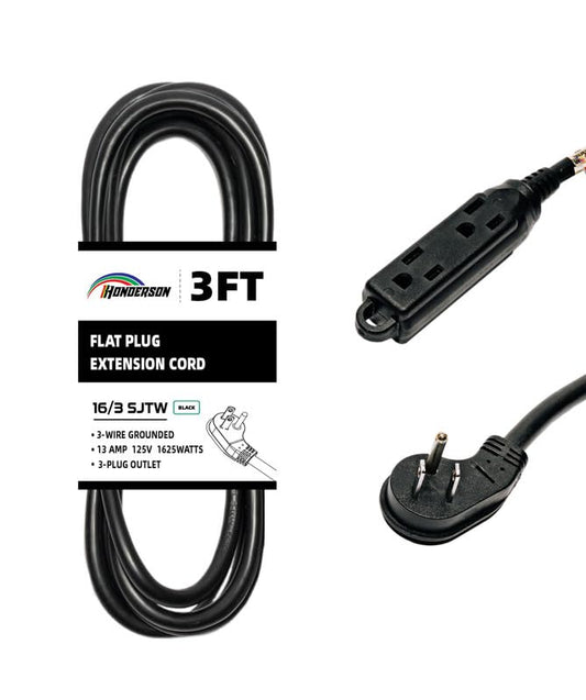 3-Outlets Flat Plug Indoor Extension Cord Outlet Extender, UL Certified, 16 Gauge 3FT Black 3 Prong Heavy Duty, 16/3 SJTW 13A Power Strip - color: Black, size: 3FT, style: 16/3