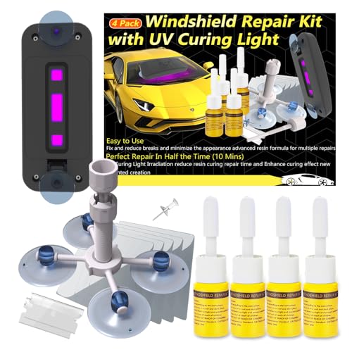 CLAMPER Windshield Repair Kit, Windshield Crack Repair Kit 4 Pcs, Windscreen Repair Kit with Enhanced Injection Head Suction Cup UV Curing Light, Windshield Chip Repair Kit for Bulls-Eye (Yellow)