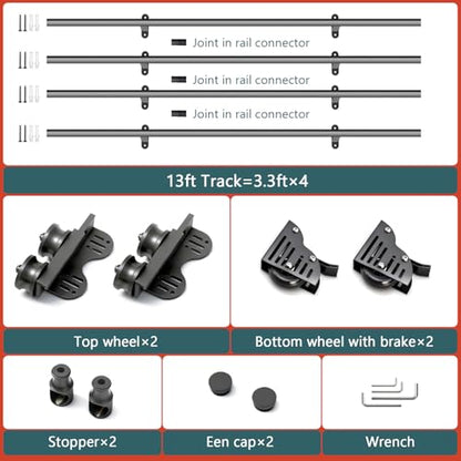 13FT Sliding Library Ladder Hardware Kit, Black Retractable Rolling with Braking Casters, Adjustable to Stand Upright, MAX Load 300lbs，No Ladder - size: 13FT ladder kit