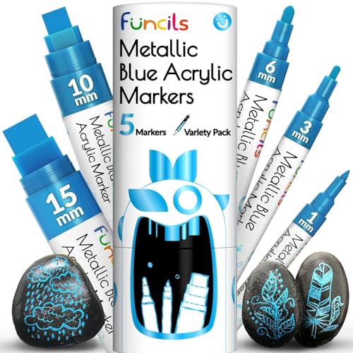 5 Metallic Acrylic Blue Paint Pen - Extra Fine Tip, Thin & Jumbo (1mm, 3mm, 6mm, 10mm, 15mm) - Blue Paint Markers for Metal, Fabric, Plastic, Canvas, Wood, Rock Painting, Glass, Permanent Marker - color: Metallic Blue