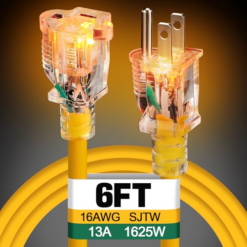 Lighted End Outdoor Extension Cord Waterproof -16AWG, 3 Prong, 13A, 1625W, Flexible Yellow Power Extension Cord for Outsides, 6ft - color: Yellow, size: 6ft