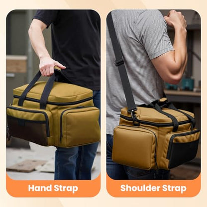 VJI Heavy Duty Tool Bag with Multi-Pockets, Portable Storage Bag with Large Zipper, Carrying Toolbag with Adjustable Shoulder Strap and Ergonomic Handle, Repairman, Carpenters, Handyman, Khaki - color: Khaki
