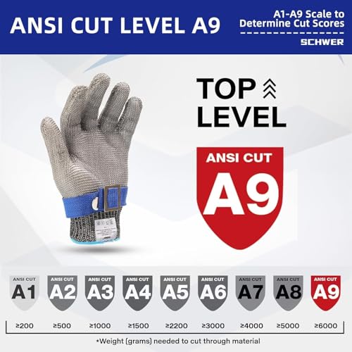 Schwer 10 Pcs SlicePro ANSI A9 Cut Resistant Glove PR1706, Stainless Steel Mesh Metal Glove, Food Grade for Kitchen Cooking, Butcher Meat Cutting, Oyster Shucking, Mandoline, Fishing, M - size: Medium (Pack of 10), style: 1.0 Steel Wire