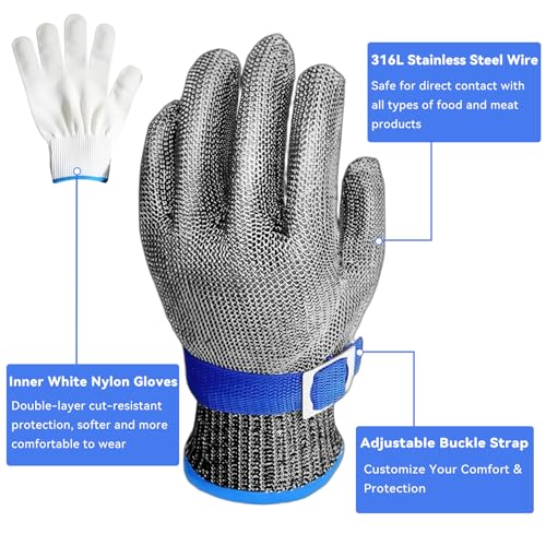 A9 Cut Resistant Chainmail Gloves – Stainless Steel Mesh Metal Glove with Adjustable Wrist Buckle & Nylon Liner Gloves - color: Silver, size: X-large (Pack of 1)